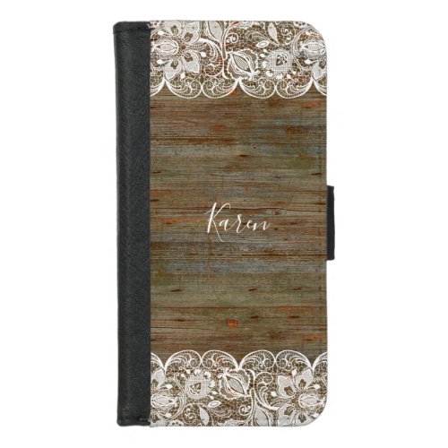 Rustic Wood  White Vintage Lace Monogram iPhone 87 Wallet Case