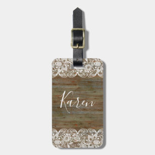 Rustic Wood & White Vintage Lace Monogram Luggage Tag
