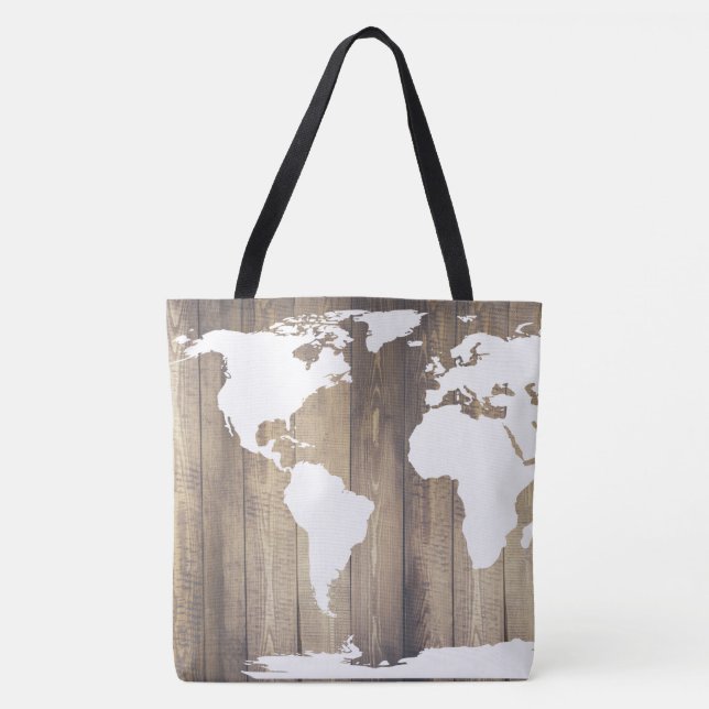 Rustic Wood White World Traveler Map Tote Bag (Front)
