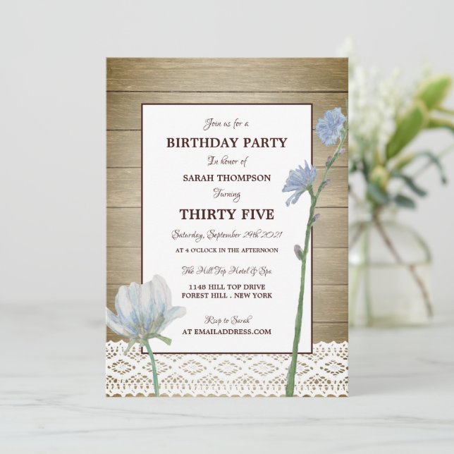 Rustic Wood Wild Floral Lace, Birthday Invitation (Standing Front)