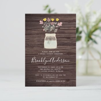 Rustic Wood Wildflower Mason Jar Bridal Shower Invitation by rememberwhen_ at Zazzle