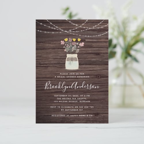 Rustic Wood Wildflower Mason Jar Lights Invitation