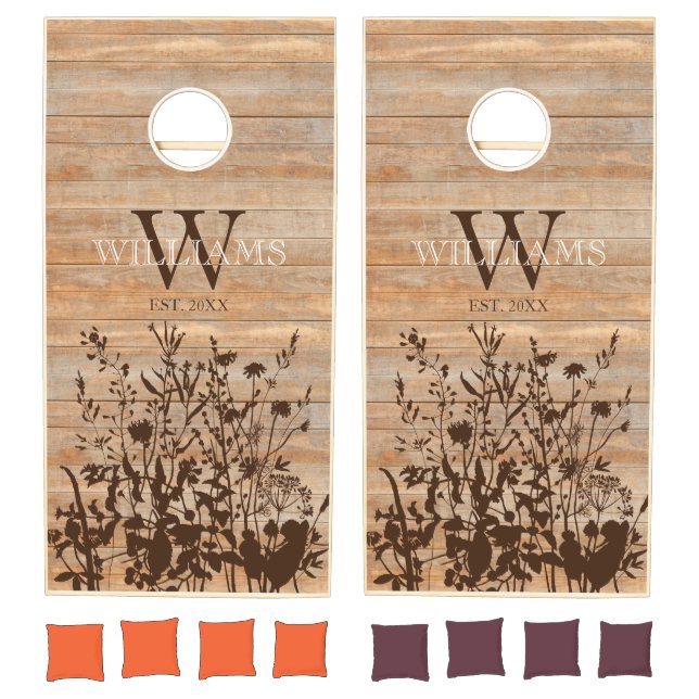 Rustic Wood Wildflowers Wedding Family Monogram Cornhole Set (Set)