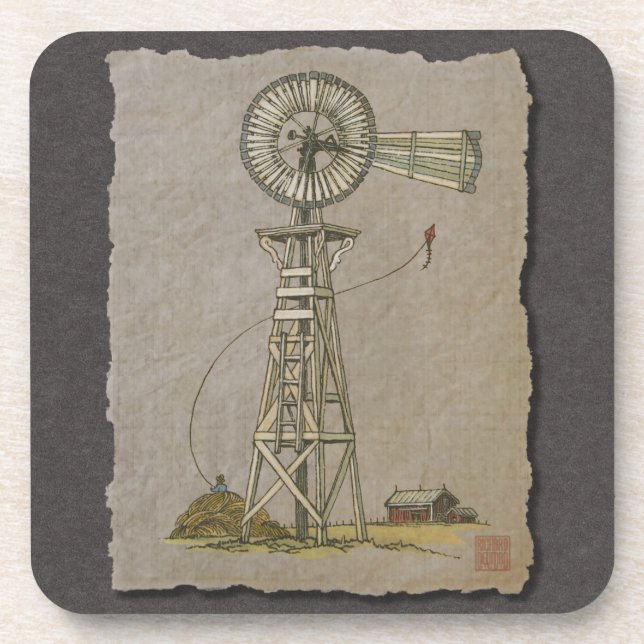 Rustic Wood Windmill Drink Coaster (Front)