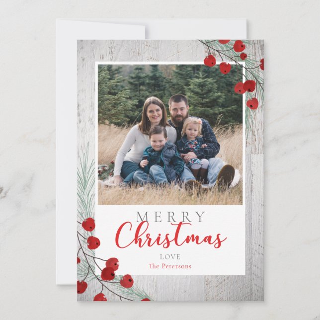 Rustic Wood Winter Berries Christmas Photo Holiday Card (Front)