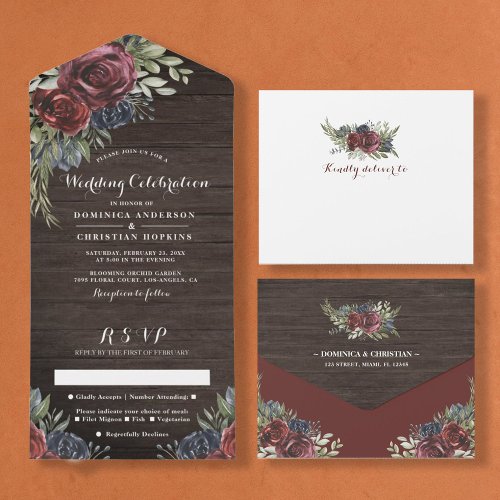 Rustic Wood  Winter Floral Country Wedding All In One Invitation