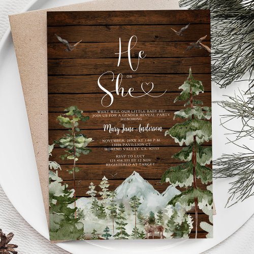 Rustic Wood Winter Forest He or She Gender Reveal Invitation
