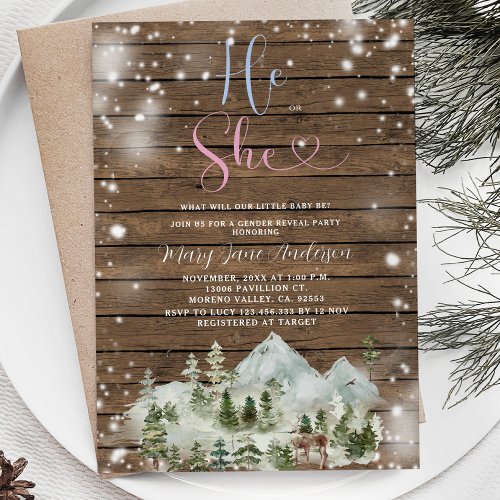 Rustic Wood Winter Forest Mountain Gender Reveal Invitation