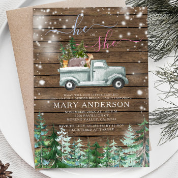 Rustic Wood Winter He Or She Gender Reveal Invitation by HappyPartyStudio at Zazzle