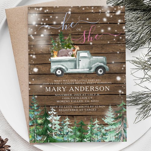 Rustic Wood Winter He or She Gender Reveal Invitation
