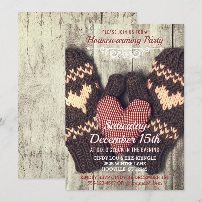 Rustic Wood Winter Mittens Housewarming Party Invitation (Front/Back)