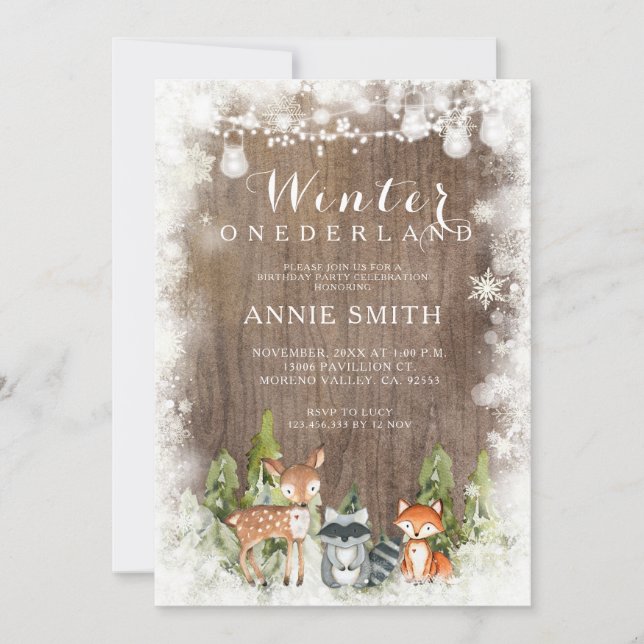 Rustic wood Winter Onederland Animals baby shower Invitation (Front)