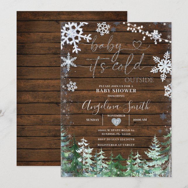 Rustic Wood Winter Snowflake Forest Baby Shower  Invitation (Front/Back)