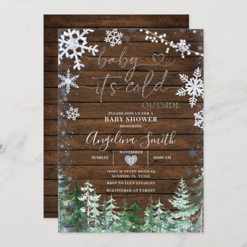 Rustic Wood Winter Snowflake Forest Baby Shower  Invitation
