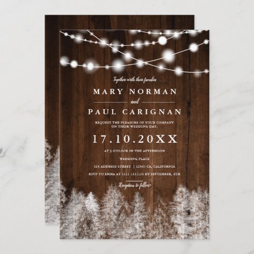 Rustic wood  winter string lights forest wedding invitation