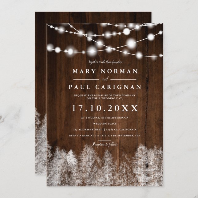 Rustic wood  winter string lights forest wedding invitation (Front/Back)