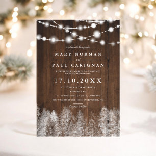 Rustic wood winter string lights forest wedding invitation