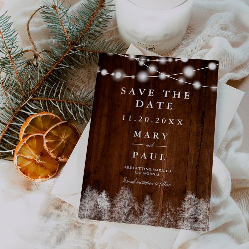 Rustic wood winter string lights save the date announcement postcard