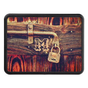 Rustic wood with brass lock brown hitch cover