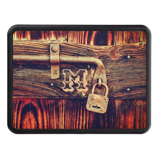 Rustic wood with brass lock brown hitch cover (Front)