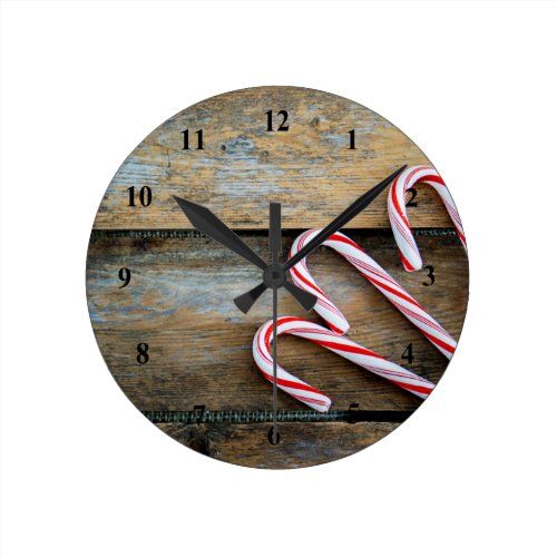 Rustic Wood with Christmas Candy Canes Round Clock