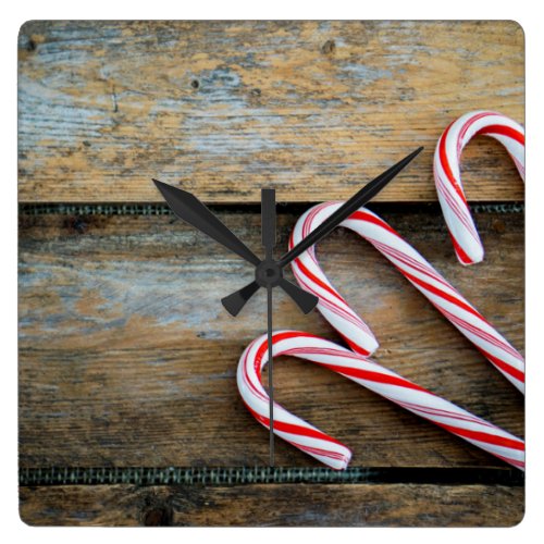 Rustic Wood with Christmas Candy Canes Square Wall Clock