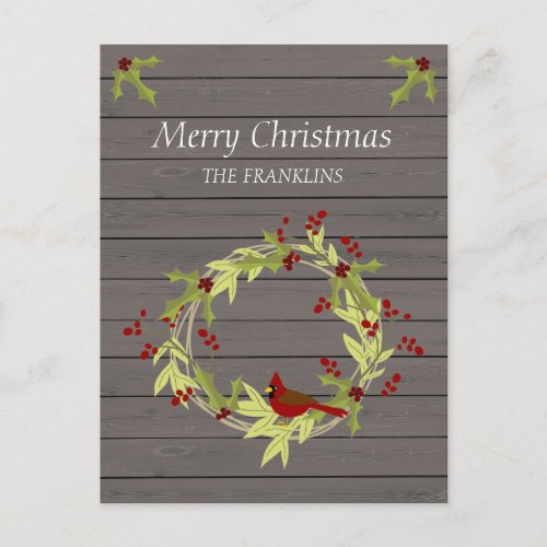 Rustic Wood with Christmas Wreath and Sweet Bird Holiday Postcard
