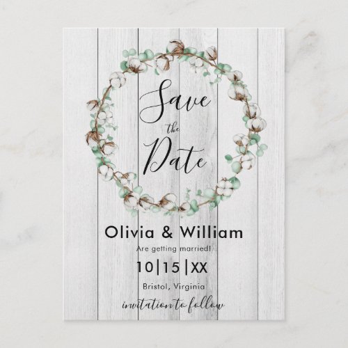 Rustic Wood with Cotton Wreath Save the Date Postcard