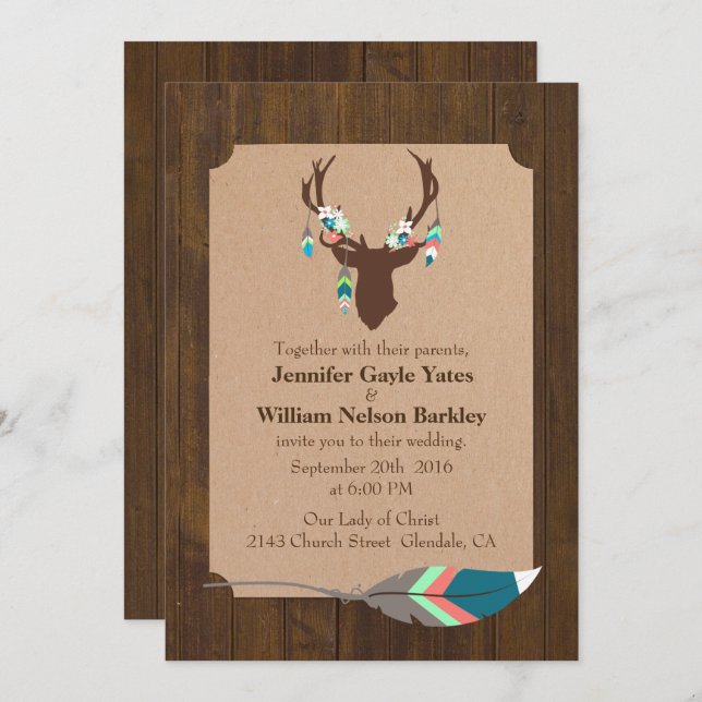 Rustic Wood with Deer Head Wedding Invitation (Front/Back)