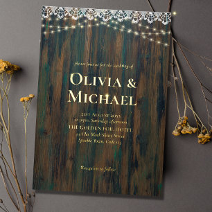 Rustic Wood with Gold Foil Words Lace Lights Invitation