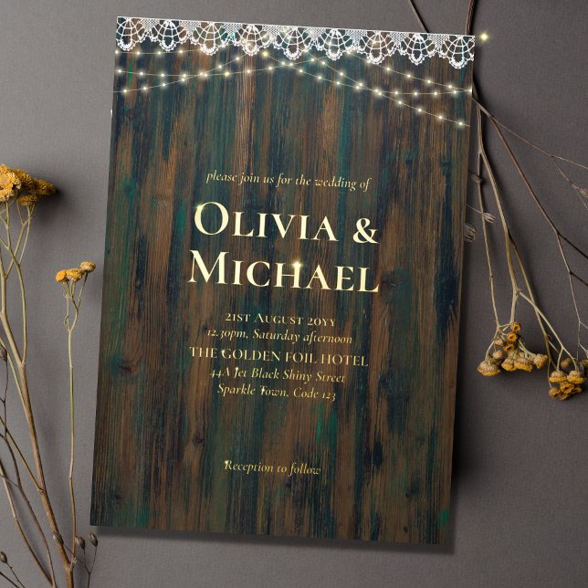 Rustic Wood with Gold Foil Words Lace Lights Invitation (Creator Uploaded)