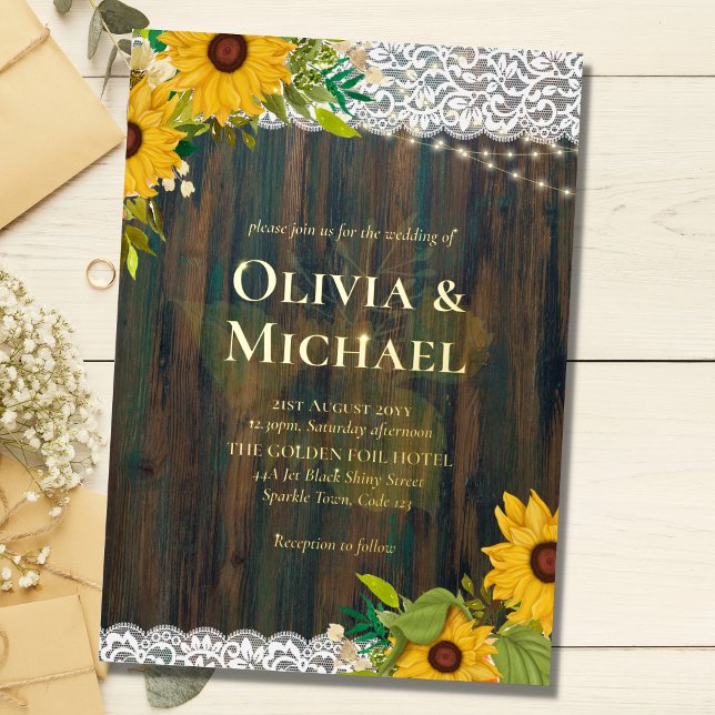 Rustic Wood with Gold Foil Words Sunflowers Lace Foil Invitation (Creator Uploaded)