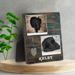 Rustic Wood with Heart Pet Dog Photo Collage Plaque<br><div class="desc">Rustic Wood with Heart Pet Dog Photo Collage plaque. This custom plaque has 2 photos and name on a rustic dark wood background. The background has a white scribble heart and white spots. Personalize the plaque with your dog or any other pet photo and name.</div>