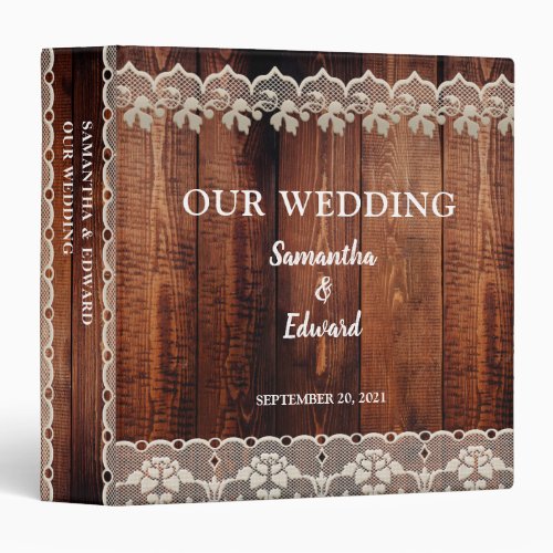 Rustic wood with lace bride groom vintage wedding 3 ring binder