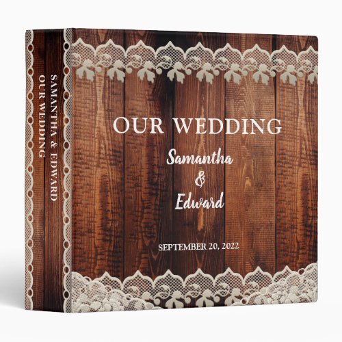 Rustic wood with lace bride groom vintage wedding  3 ring binder