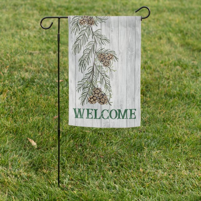 Rustic Wood with Pine Welcome Garden Flag (In SItu)