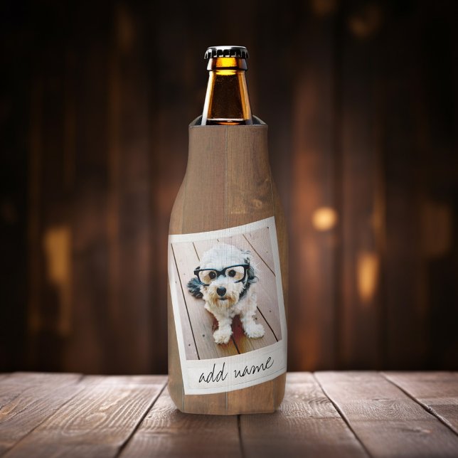 Rustic Wood with Square Photo Frame Bottle Cooler (Photo on wood print background - Personalize this bottle cooler with your monogram.)