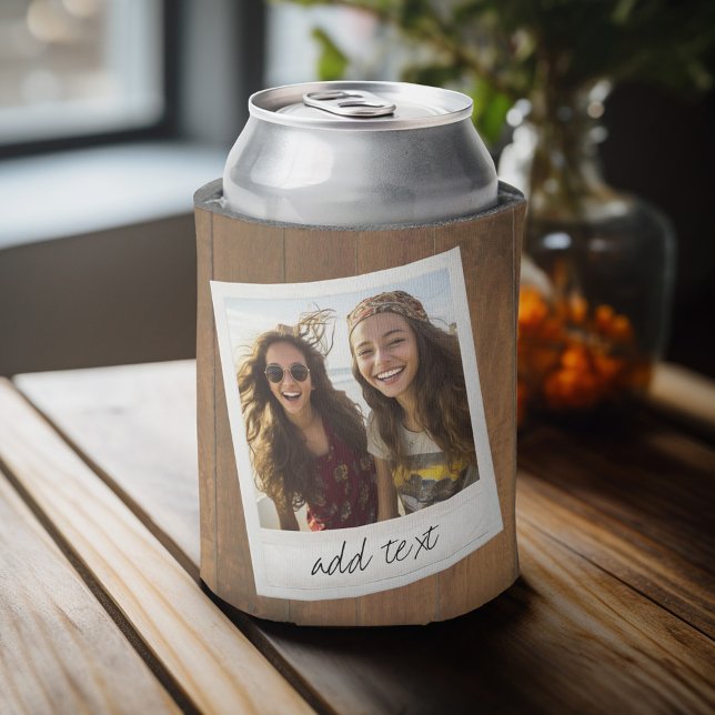 Rustic Wood with Square Photo Frame Can Cooler (Personalized can cooler with an area to add photos and custom text)