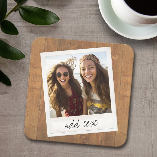 Rustic Wood with Square Photo Frame Paper Coaster (Personalized coaster with 4 photos and text)