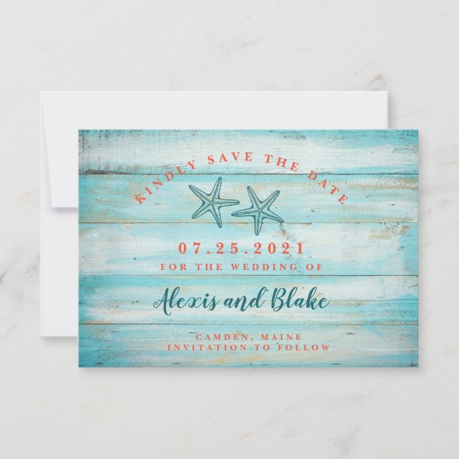 Rustic Wood with Starfish Save the Date Card (Front)