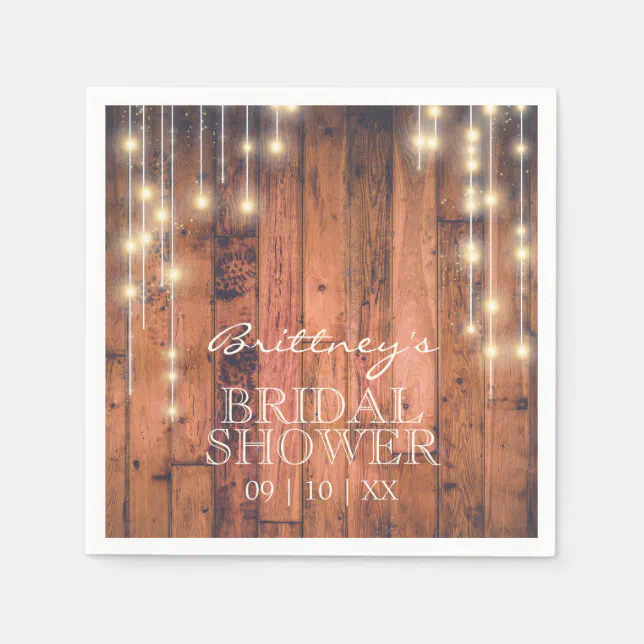 Rustic Wood with String Lights | Bridal Shower Napkins | Zazzle