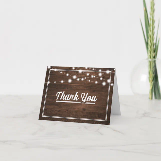 Rustic Wood with String Lights Thank You Card | Zazzle