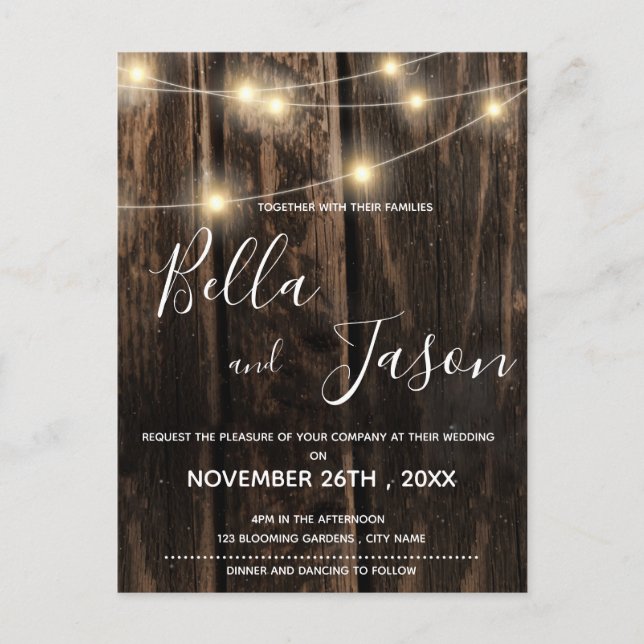 Rustic Wood With String Lights Wedding Invitation (Front)