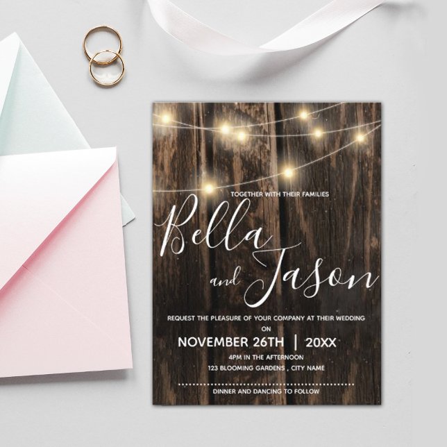 Rustic Wood With String Lights Wedding Invitation (Creator Uploaded)