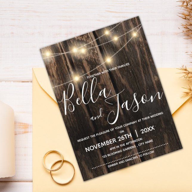 Rustic Wood With String Lights Wedding Invitation (Creator Uploaded)