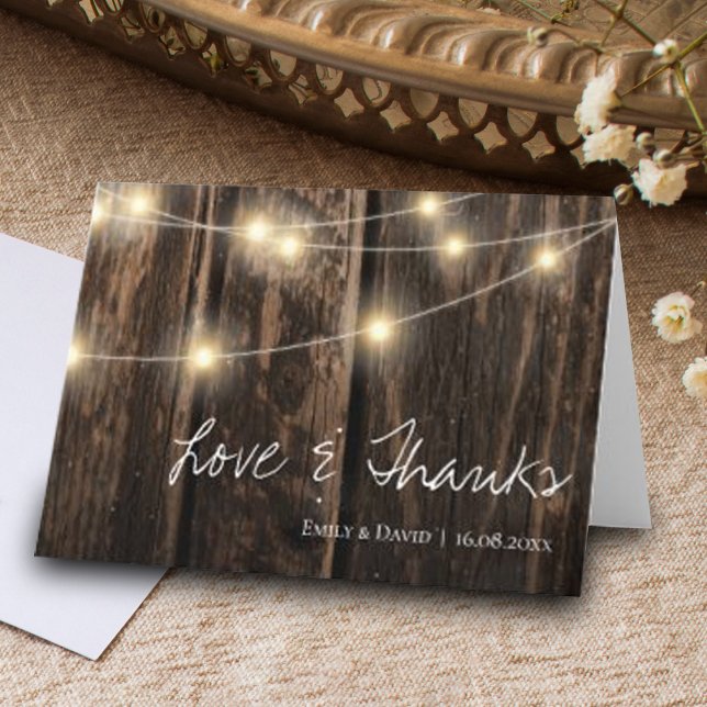 Rustic Wood With String Lights Wedding Letterpress Thank You Card (Creator Uploaded)