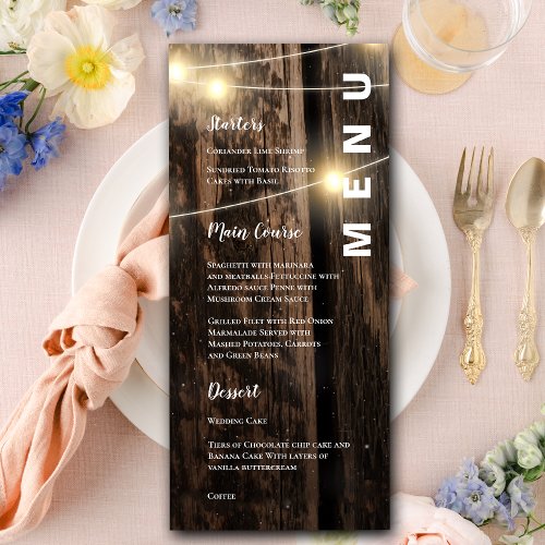 Rustic Wood With String Lights Wedding Party Menu