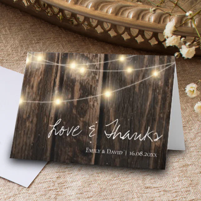 Rustic Wood With String Lights Wedding Thank You Card | Zazzle