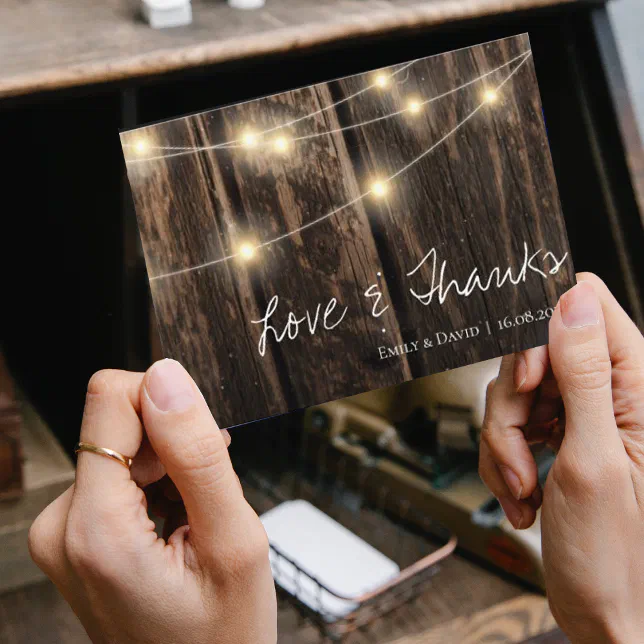 Rustic Wood With String Lights Wedding Thank You Card | Zazzle