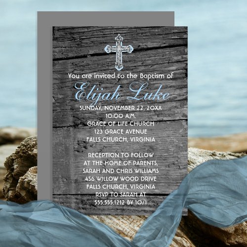 Rustic Wood with Vintage Cross Baptism Invitation